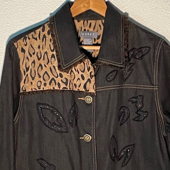 Koret- Black Leopard  print denim‎ jacket, size large - Picture 2 of 8